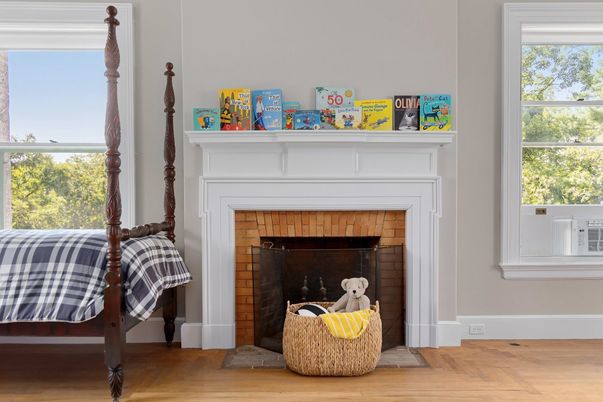 Bedroom, Fireplace, Interior, Wood Texture Flooring
