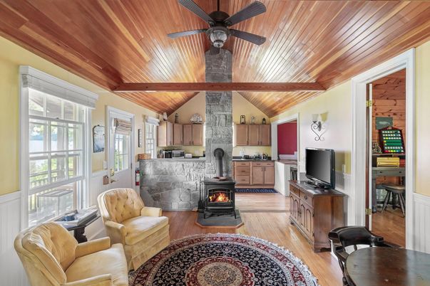 Fireplace, Interior, Kitchen, Living room, Stone Walls, Wooden Beams, Wooden Ceilings, Wood Texture Flooring