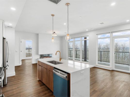 Fireplace, Interior, Kitchen, Pendant Lights, Recessed Lighting, Stainless Steel Appliances, Wood Texture Flooring