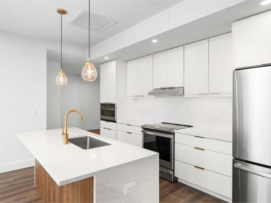Interior, Kitchen, Pendant Lights, Recessed Lighting, Stainless Steel Appliances, Wood Texture Flooring