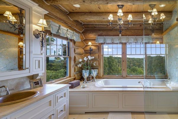 Bathroom, Chandelier, Glass Shower, Interior, Wooden Beams, Wooden Ceilings