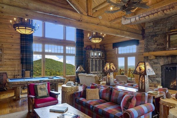 Billiard Table, Chandelier, Fireplace, Game Room, Interior, Living room, Stone Walls, Wooden Beams, Wooden Ceilings, Wood Texture Flooring, Wooden Walls