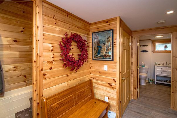 Bathroom, Interior, Recessed Lighting, Wood Texture Flooring, Wooden Walls