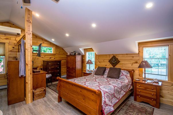 Bedroom, Interior, Recessed Lighting, Wood Texture Flooring, Wooden Walls