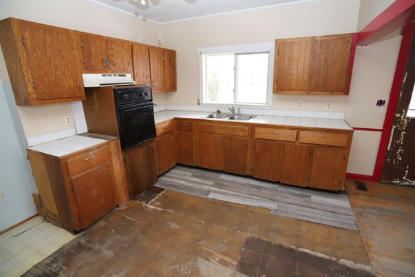 Interior, Kitchen, Tile Countertops, Wood Texture Flooring
