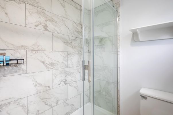 Bathroom, Glass Shower, Interior, Marble Walls