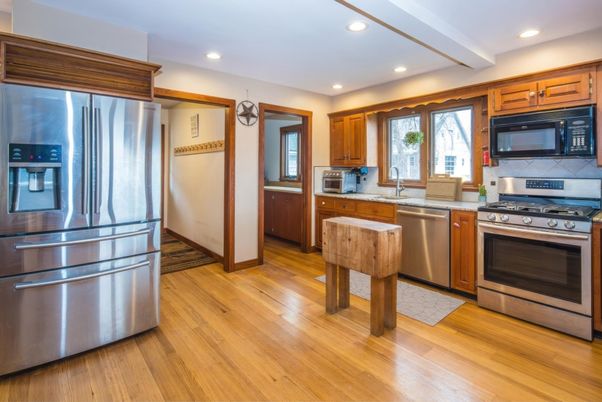 Interior, Kitchen, Recessed Lighting, Stainless Steel Appliances, Wood Texture Flooring