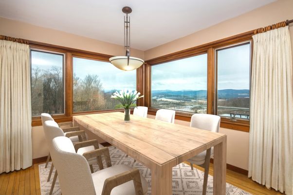 Dining room, Interior, Pendant Lights, Water, Wood Texture Flooring
