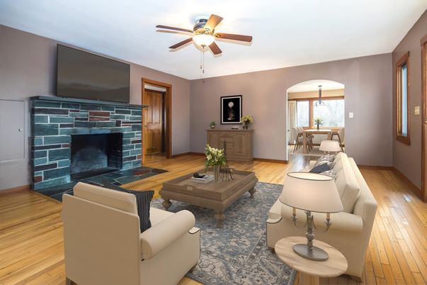 Dining room, Fireplace, Interior, Living room, Wood Texture Flooring