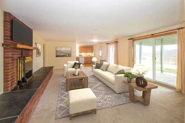 Fireplace, Interior, Living room, Recessed Lighting, Stone Walls