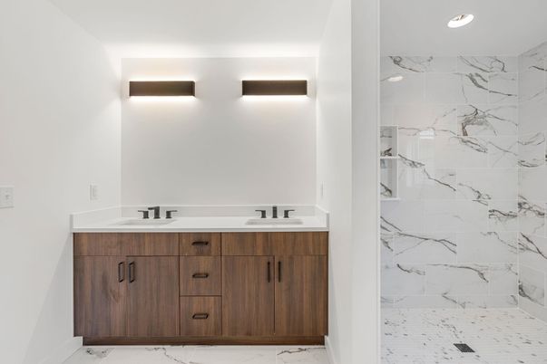 Bathroom, Dual Sink Vanities, Interior, Marble, Marble Walls, Recessed Lighting