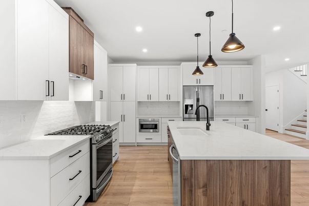 Interior, Kitchen, Pendant Lights, Recessed Lighting, Stainless Steel Appliances, Wood Texture Flooring
