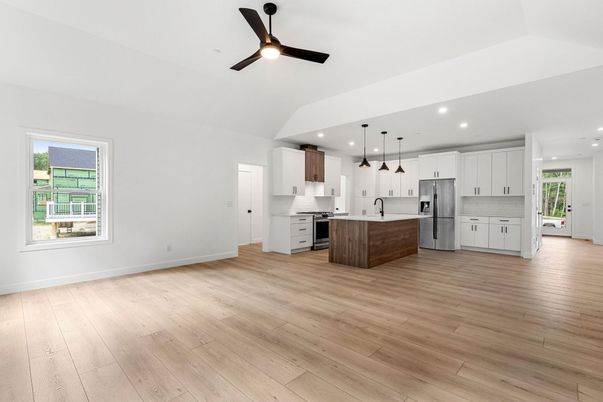 Interior, Kitchen, Pendant Lights, Recessed Lighting, Stainless Steel Appliances, Wood Texture Flooring