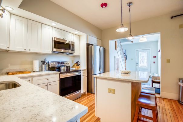 Interior, Kitchen, Pendant Lights, Recessed Lighting, Stainless Steel Appliances, Wood Texture Flooring