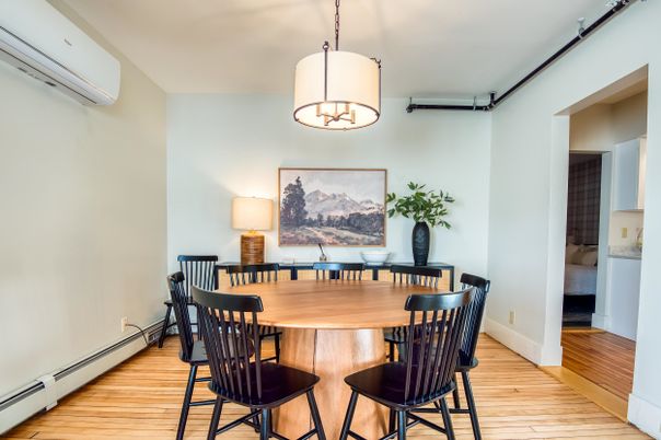 Dining room, Interior, Pendant Lights, Wood Texture Flooring
