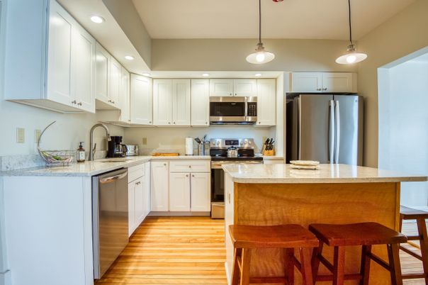 Interior, Kitchen, Pendant Lights, Recessed Lighting, Stainless Steel Appliances, Wood Texture Flooring