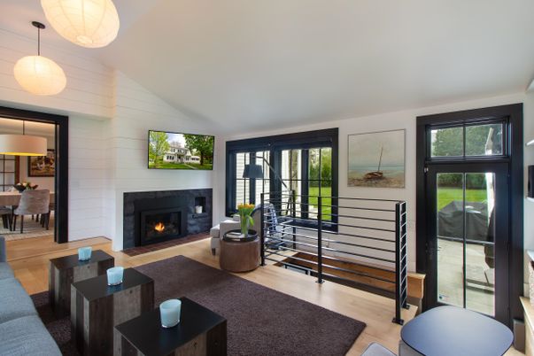 Dining room, Fireplace, Interior, Living room, Pendant Lights, Wood Texture Flooring