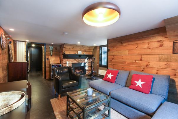 Fireplace, Interior, Living room, Recessed Lighting, Wooden Walls