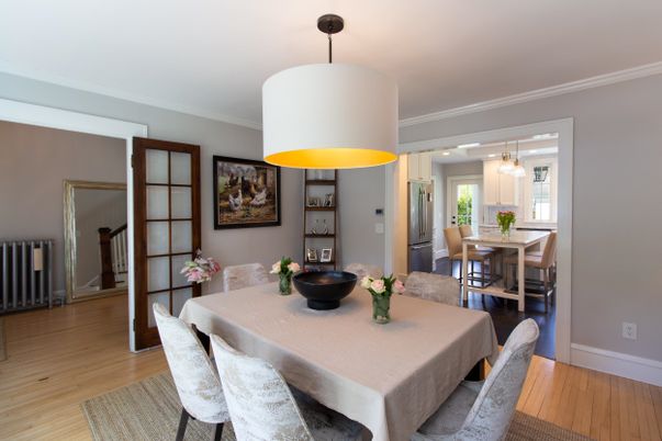 Dining room, Interior, Pendant Lights, Wood Texture Flooring