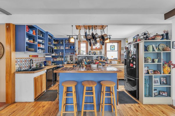 Interior, Kitchen, Pendant Lights, Wooden Beams, Wood Texture Flooring