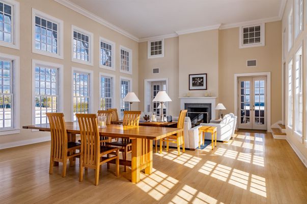 Dining room, Fireplace, Interior, Living room, Wood Texture Flooring
