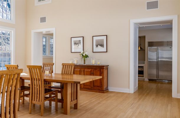 Dining room, Interior, Kitchen, Stainless Steel Appliances, Wood Texture Flooring