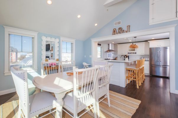 Dining room, Interior, Kitchen, Pendant Lights, Recessed Lighting, Stainless Steel Appliances, Wood Texture Flooring