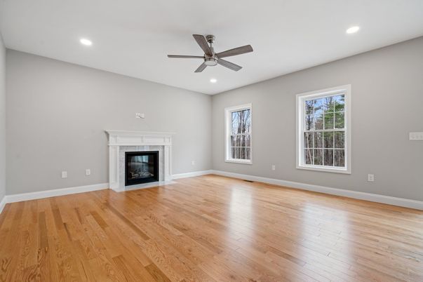 Empty room, Fireplace, Interior, Recessed Lighting, Wood Texture Flooring