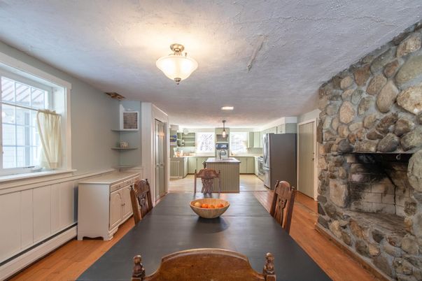 Dining room, Interior, Kitchen, Pendant Lights, Stone Walls, Wood Texture Flooring