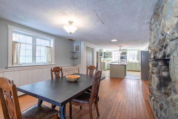 Dining room, Fireplace, Interior, Kitchen, Pendant Lights, Recessed Lighting, Stone Walls, Wood Texture Flooring