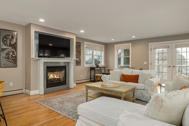 Fireplace, Interior, Living room, Recessed Lighting, Wood Texture Flooring