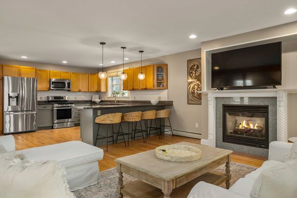 Fireplace, Interior, Kitchen, Pendant Lights, Recessed Lighting, Stainless Steel Appliances, Wood Texture Flooring