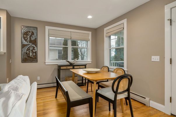 Dining room, Interior, Recessed Lighting, Wood Texture Flooring