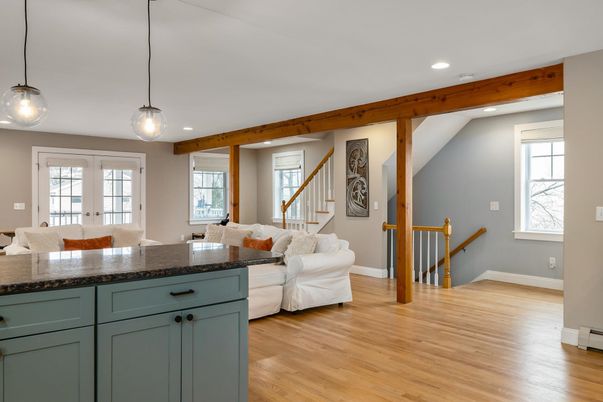 Interior, Living room, Pendant Lights, Recessed Lighting, Wooden Beams, Wood Texture Flooring