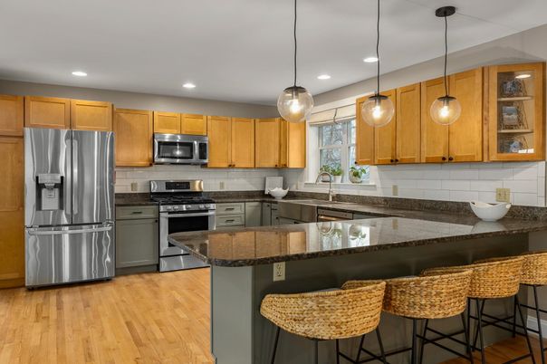 Interior, Kitchen, Pendant Lights, Recessed Lighting, Stainless Steel Appliances, Wood Texture Flooring