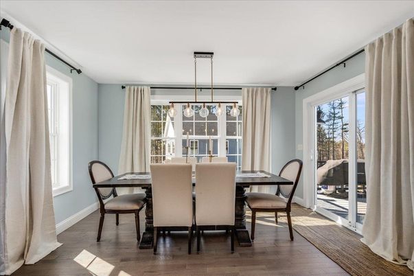Dining room, Interior, Pendant Lights, Wood Texture Flooring