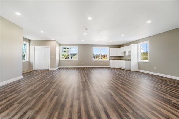 Empty room, Interior, Kitchen, Recessed Lighting, Wood Texture Flooring