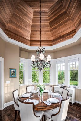 Chandelier, Dining room, Interior, Wooden Ceilings, Wood Texture Flooring