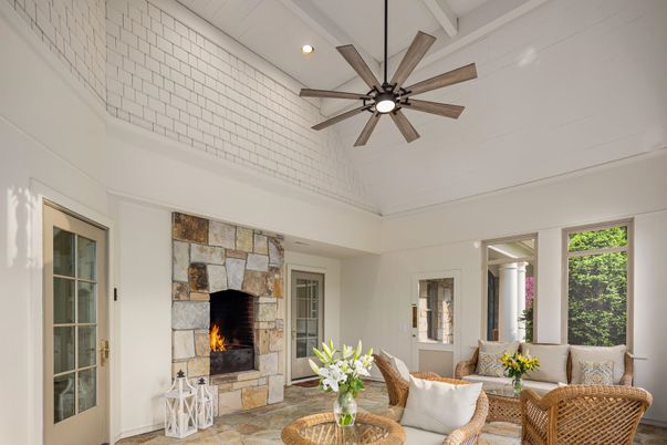 Fireplace, Interior, Living room, Recessed Lighting, Stone Walls