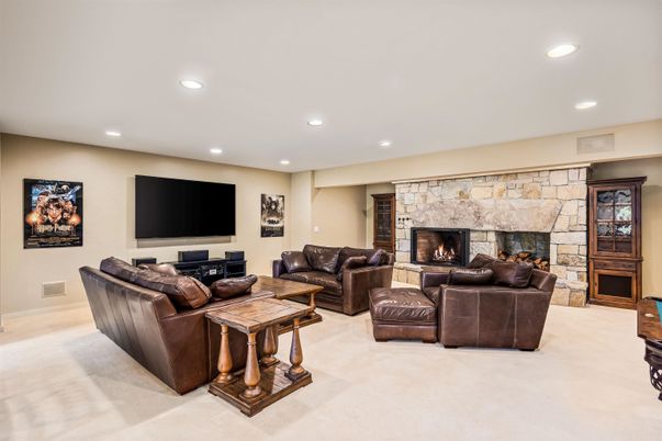 Fireplace, Interior, Living room, Recessed Lighting, Stone Walls