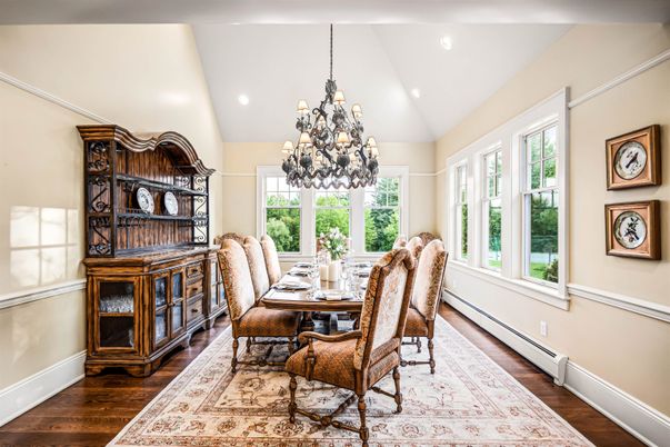 Chandelier, Dining room, Interior, Recessed Lighting, Wood Texture Flooring