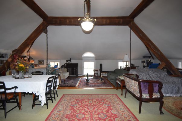 Dining room, Fireplace, Interior, Living room, Pendant Lights, Wooden Beams