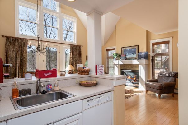 Fireplace, Interior, Kitchen, Recessed Lighting, Wood Texture Flooring