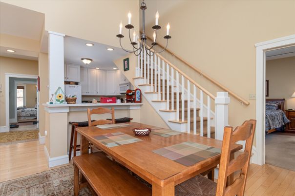 Chandelier, Dining room, Interior, Kitchen, Recessed Lighting, Wood Texture Flooring