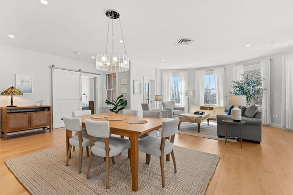 Dining room, Interior, Living room, Pendant Lights, Recessed Lighting, Wood Texture Flooring