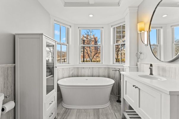 Bathroom, Dual Sink Vanities, Free Standing Baths, Interior, Recessed Lighting, Wood Texture Flooring