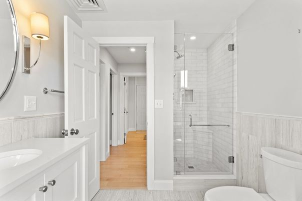 Bathroom, Glass Shower, Interior, Recessed Lighting, Wood Texture Flooring