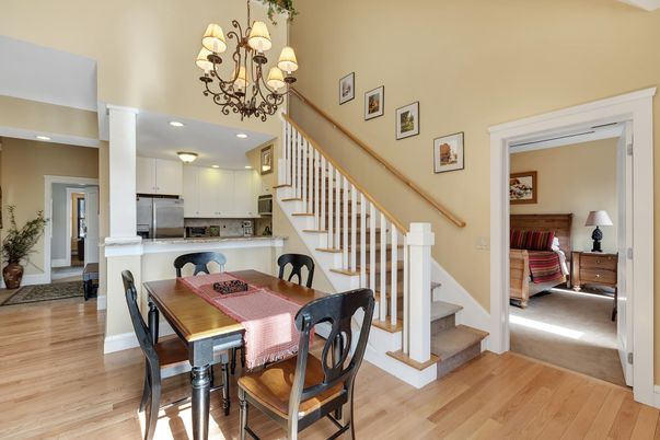 Chandelier, Dining room, Interior, Kitchen, Recessed Lighting, Stainless Steel Appliances, Wood Texture Flooring