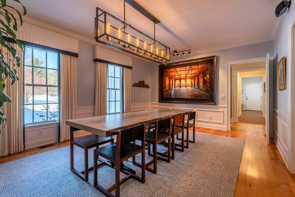 Dining room, Interior, Pendant Lights, Wood Texture Flooring