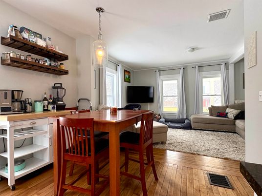 Dining room, Interior, Living room, Pendant Lights, Wood Texture Flooring